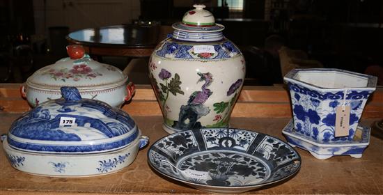 Chinese blue & white shallow dish, jardiniere & Nanking warming dish and a Qianlong famille rose tureen (faults)